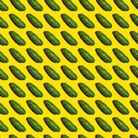Seamless texture background pattern of fresh green cucumbers on a colored backgroundの写真素材