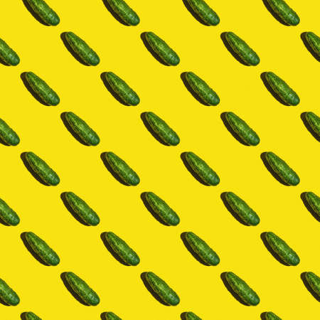 Seamless texture background pattern of fresh green cucumbers on a colored backgroundの写真素材