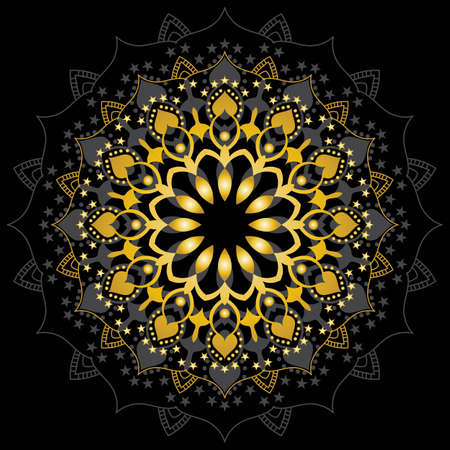 Cute gold Mandala. Ornamental round doodle flower isolated on white background. Geometric decorative ornament in ethnic oriental style.のイラスト素材