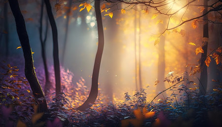 Autumn forest cool sunlight in the morningの素材