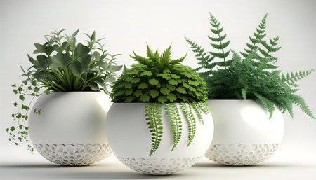 fresh ornamental plants in white round potsの素材