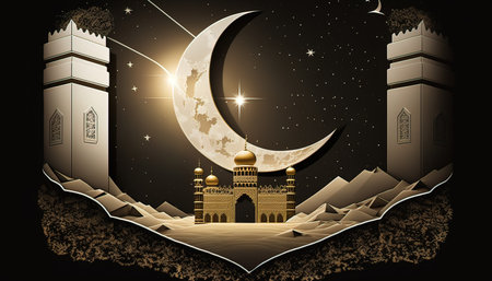 illustration of the kaaba and the crescent moon in shinyの素材