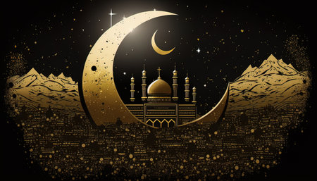 illustration of the kaaba and the crescent moon in shinyの素材