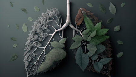 Lungs made from leaf and smoke Air pollution concept Generate AIの素材