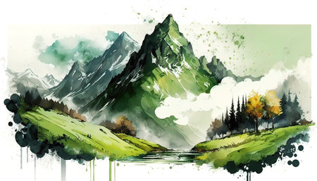 Mountain landscape illustrator water color green Generate AIの素材