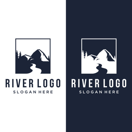 Logos of rivers, creeks, riverbanks and streams. River logo with combination of mountains and farmland with vector concept design.のイラスト素材