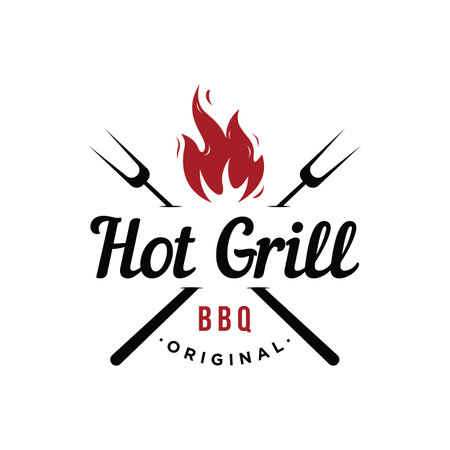 BBQ hot grill vintage typography logo with crossed flames and spatula. Logo for restaurant, badge,cafe and bar.のイラスト素材