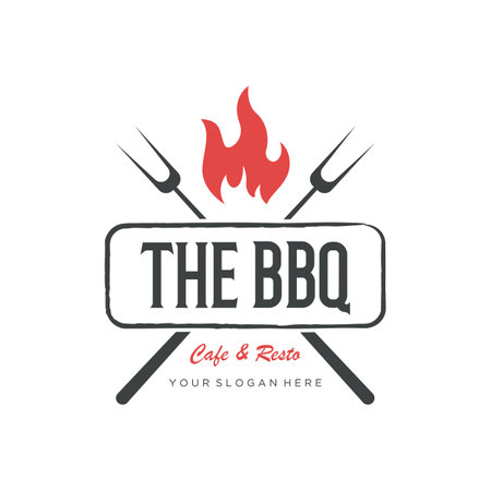 BBQ hot grill vintage typography logo with crossed flames and spatula. Logo for restaurant, badge,cafe and bar.のイラスト素材