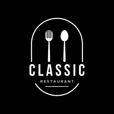 Retro restaurant emblem.Cutlery logo design and hand drawn vintage style restaurant typography.のイラスト素材