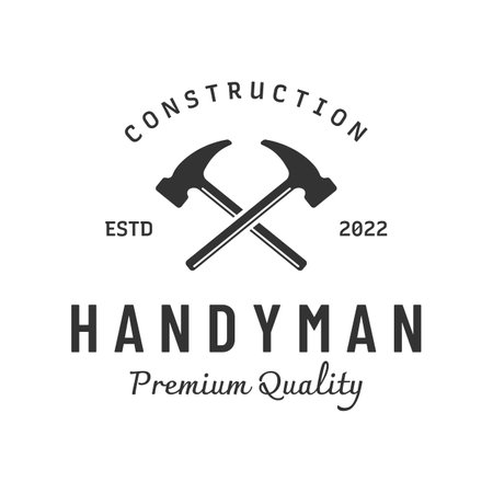Crossed hammer logo design for vintage work carpentry tools.Logo for handyman, repair, construction.のイラスト素材
