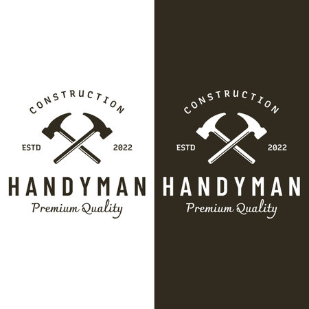 Crossed hammer logo design for vintage work carpentry tools.Logo for handyman, repair, construction.のイラスト素材