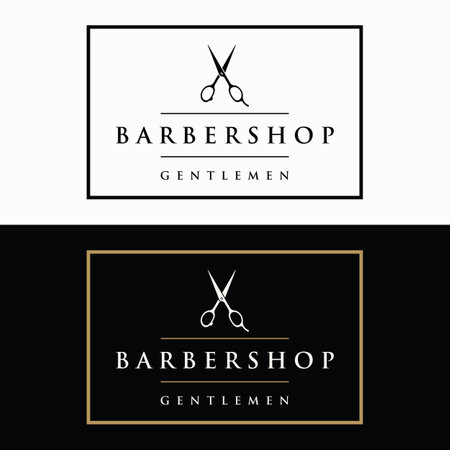 Barbershop logo in vintage style with the concept of scissors, razor and other tools.Logo for business, salon, label and barbershop.のイラスト素材