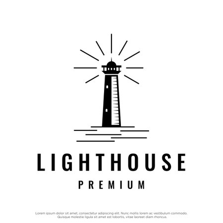 Sea lighthouse tower building creative logo with spotlights vintage vector template.のイラスト素材