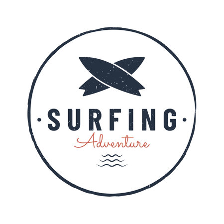 Vintage surfboard logo,surfing on summer beach.For business,badge,holiday, ,label,emblem.のイラスト素材