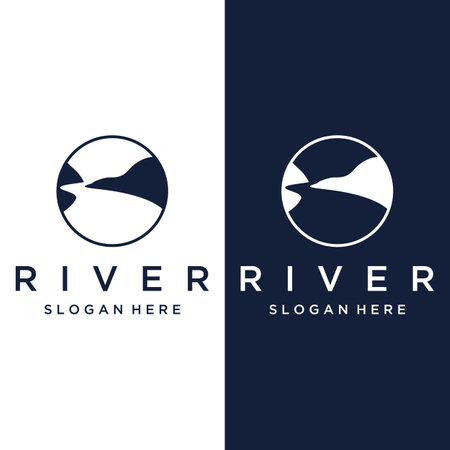Logos of rivers, creeks, riverbanks and streams. River logo with combination of mountains and farmland with vector concept design.のイラスト素材