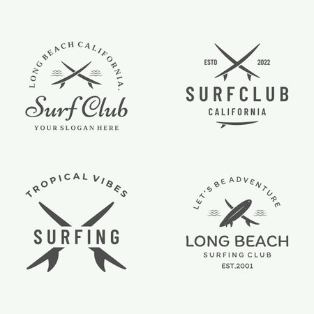 Vintage surfboard logo,surfing on summer beach.For business,badge,holiday, ,label,emblem.のイラスト素材