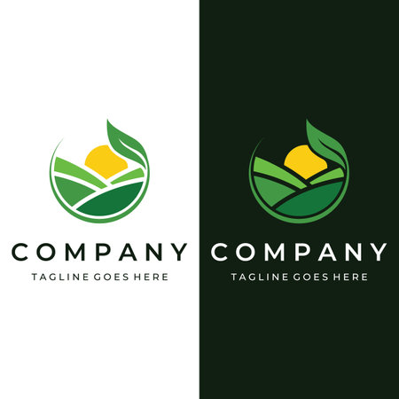 Green landscape logo creative design with farmland or plantations and hills.Logo for natural and agricultural products.のイラスト素材