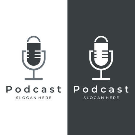 Podcast logo vector design with modern trendy microphone audio. Podcast for studio, interview, multimedia and web.のイラスト素材
