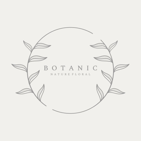 Natural botanical logo organic design with leaves, flowers, stems. With a minimalist outline, elegant.Suitable for beauty products, badges, weddings and business.のイラスト素材