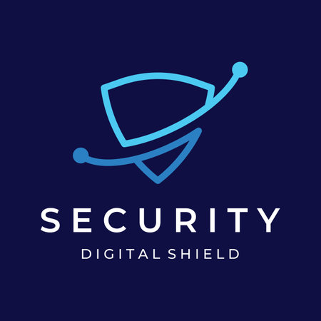 Creative design of technology digital cyber security logo with modern shield and key protection concept. Logo for business, digital and technology.のイラスト素材