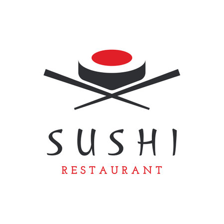 Sushi logo template.Seafood or traditional japanese cuisine with salmon, delicious food.Logo for Japanese restaurant, bar, sushi shop.のイラスト素材