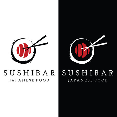 Sushi logo template.Seafood or traditional japanese cuisine with salmon, delicious food.Logo for Japanese restaurant, bar, sushi shop.のイラスト素材