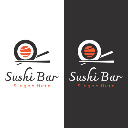 Sushi logo template.Seafood or traditional japanese cuisine with salmon, delicious food.Logo for Japanese restaurant, bar, sushi shop.のイラスト素材