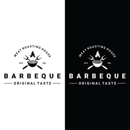 Grilled barbecue typography logo with crossed fire and spatula. Logo for restaurants, cafes and bars.のイラスト素材