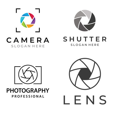 Photography camera logo, lens camera shutter, digital, line, professional, elegant and modern. The logo can be used for studios, photography and other businesses.のイラスト素材