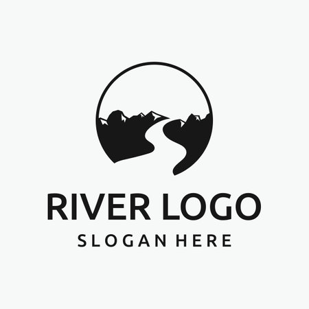 Logos of rivers, creeks, riverbanks and streams. River logo with combination of mountains and farmland with vector concept design.のイラスト素材