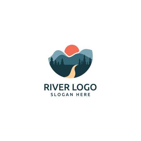 Logos of rivers, creeks, riverbanks and streams. River logo with combination of mountains and farmland with vector concept design.のイラスト素材