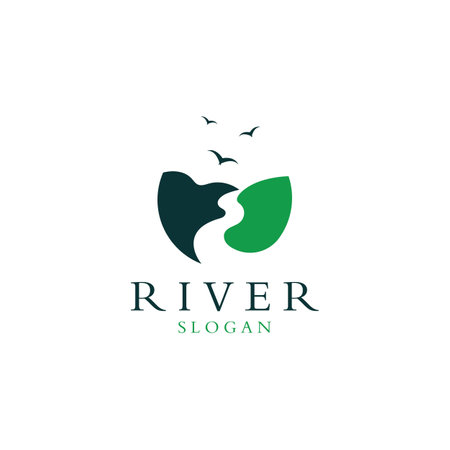 Logos of rivers, creeks, riverbanks and streams. River logo with combination of mountains and farmland with vector concept design.のイラスト素材