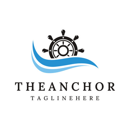 Cruise ship rudder logo design with sea waves, retro ropes and anchors. Logo for business, sailors, sailing.のイラスト素材