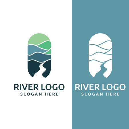 Logos of rivers, creeks, riverbanks and streams. River logo with combination of mountains and farmland with vector concept design.のイラスト素材