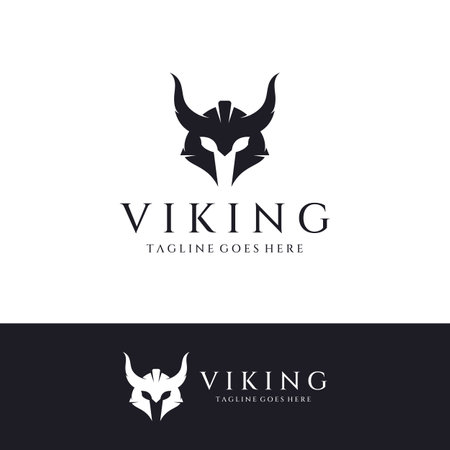 Viking warrior helmet logo with horned helmet and vikings with letter V.のイラスト素材