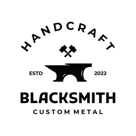 Antique blacksmith anvil work. With hammer and horseshoe isolated background.Logo for industry. workshop.のイラスト素材