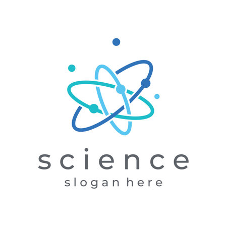 Modern science particle or molecule element logo. Logo for science,atom,biology,technology,physics,lab.のイラスト素材