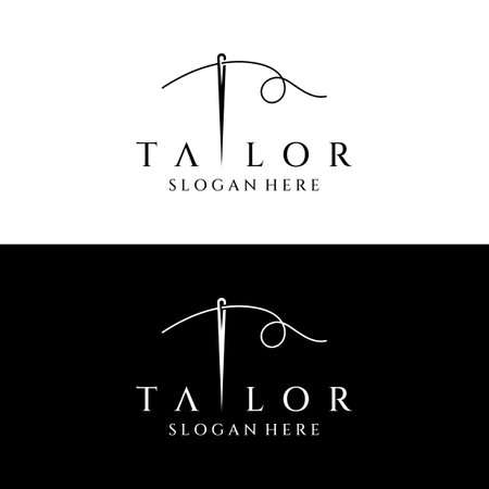 Tailor silhouette logo with needle, thread, benik and sewing machine markings. Logo design for tailors, fashion, boutiques and other clothing companies.のイラスト素材