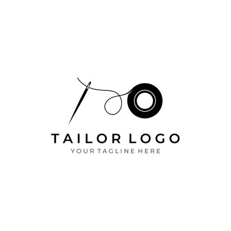 Tailor silhouette logo with needle, thread, benik and sewing machine markings. Logo design for tailors, fashion, boutiques and other clothing companies.のイラスト素材