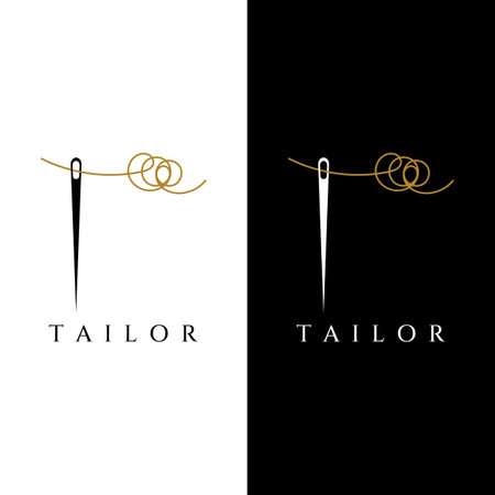 Tailor silhouette logo with needle, thread, benik and sewing machine markings. Logo design for tailors, fashion, boutiques and other clothing companies.のイラスト素材