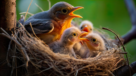 Baby birds being fed by their mother Generate Aiの素材