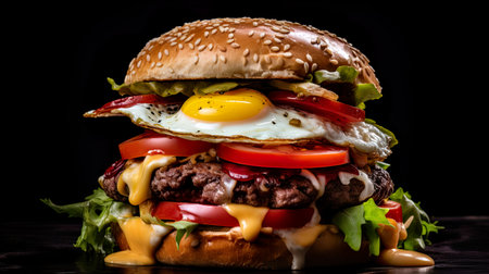 Burger in photo focus with a black background , Generate AIの素材
