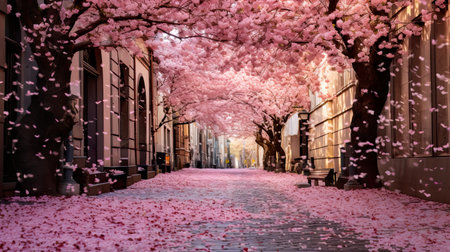 Photo ultrawide view  focus a street wit flower sakura Generate aiの素材