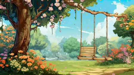 photo the garden has trees and swings hanging Generate AIの素材