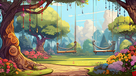 photo the garden has trees and swings hanging Generate AIの素材