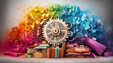 colorfull collage with book digital gear set machine . Generate AIの素材