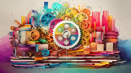 colorfull collage with book digital gear set machine . Generate AIの素材