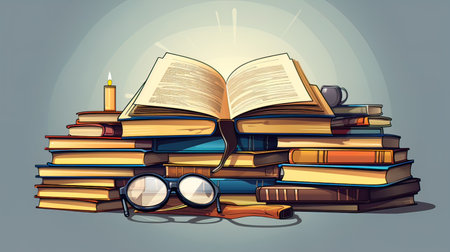 Pile of books with glasses and pencils. Vector illustration.の素材