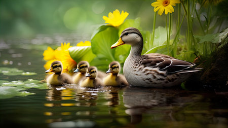 photo focus five ducklings swimming in fresh water . Generate Aiの素材