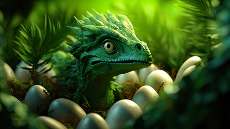 Photo focus macro detailed little green dinosaur. Generate Aiの素材